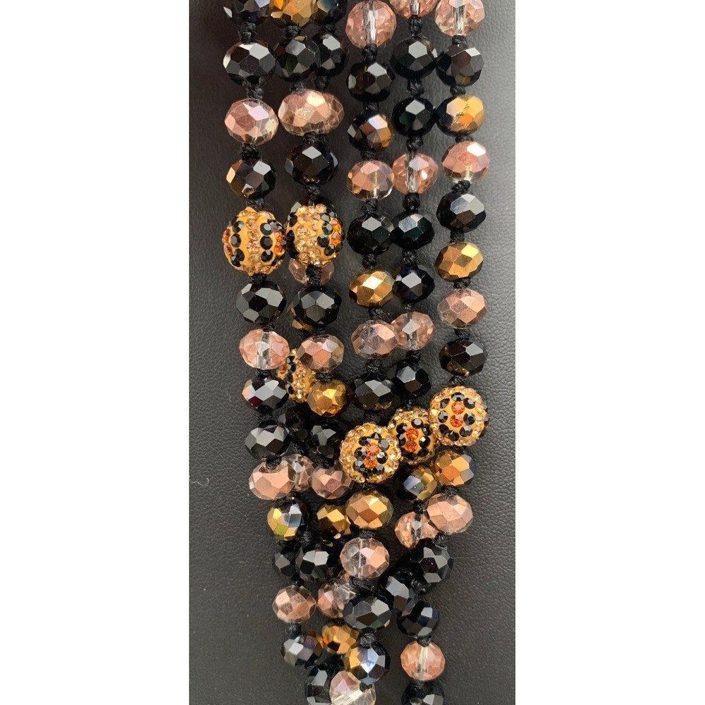 Hand Knotted 70 Inch Black & Copper Colored Faceted Beaded Necklace W Pave Beads